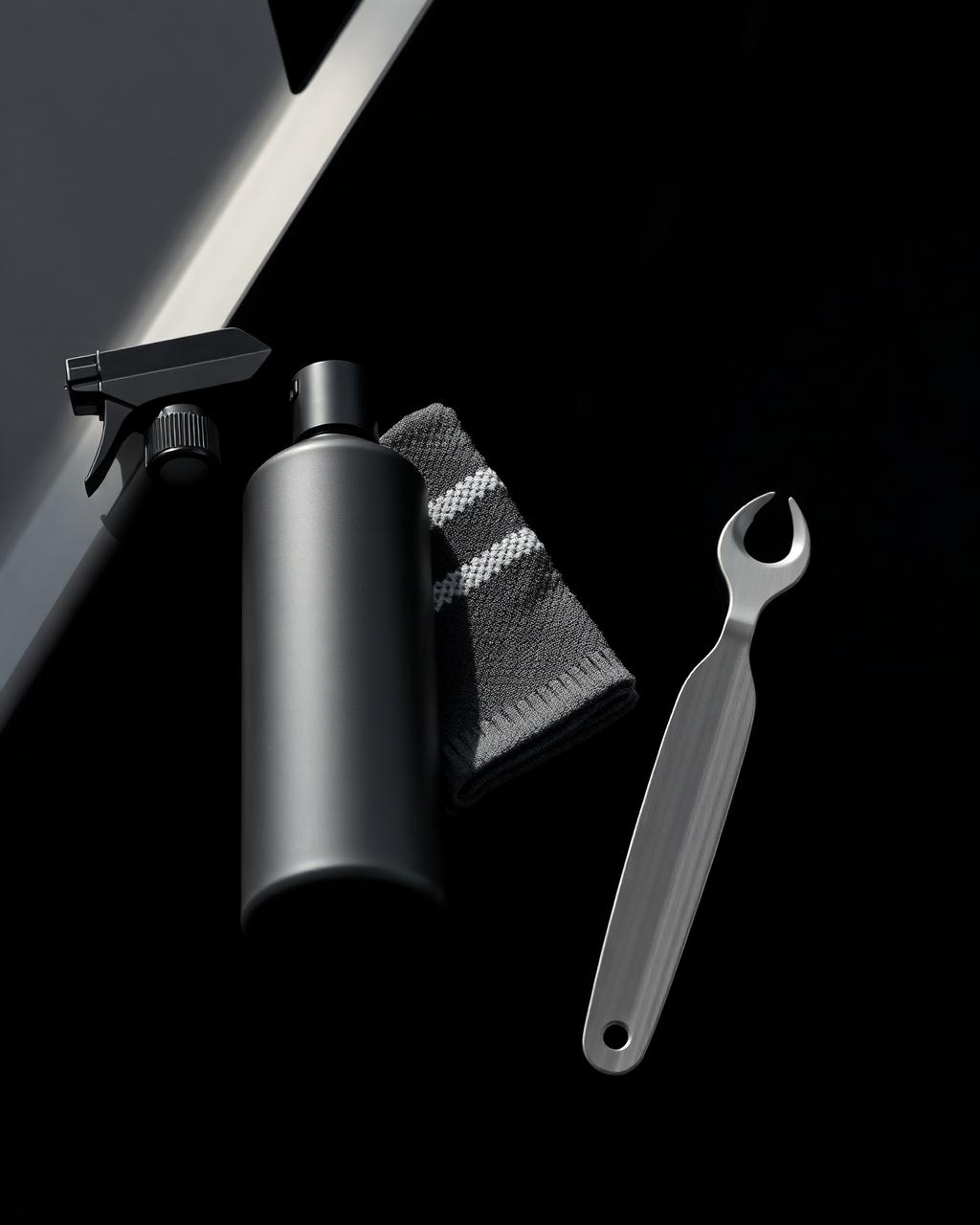 Studio still life of premium car detailing tools on a polished black surface